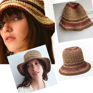 ZARA Knit Cloche Bucket Hat Women's SMALL Cap Brown and Red Woven Bucket Hat
